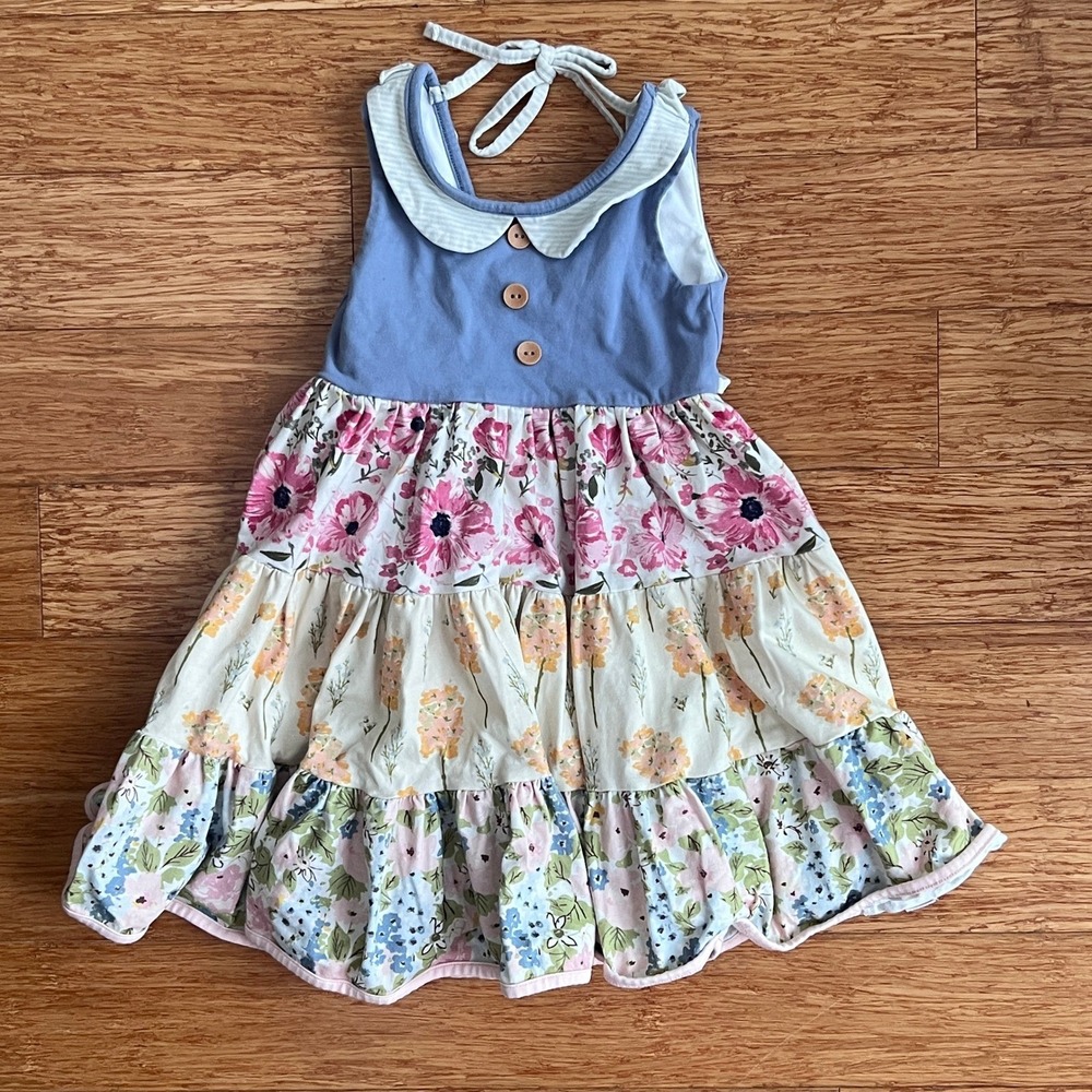 SweetHoney Tiered Floral Dress Girls 5Y Sleeveless Peter Pan Collar Blue Pink - Picture 9 of 13